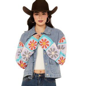 Mystree Crochet Sleeve Medium Wash Denim Jacket Bohemian Size M